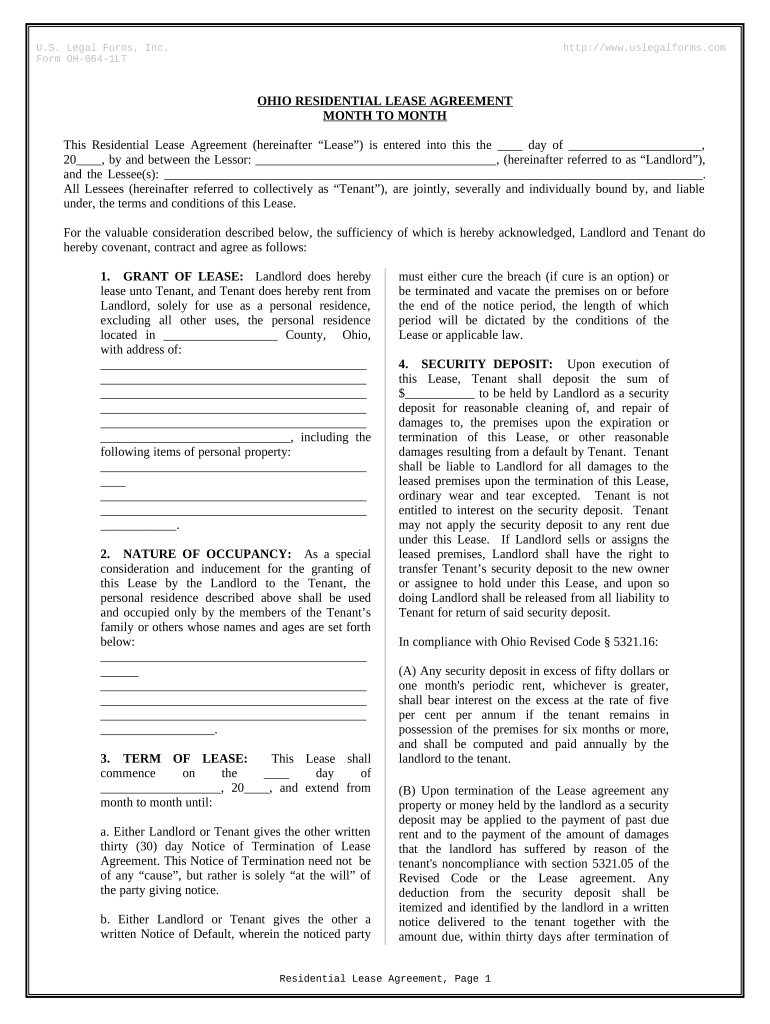 Residential Lease or Rental Agreement for Month to Month Ohio  Form