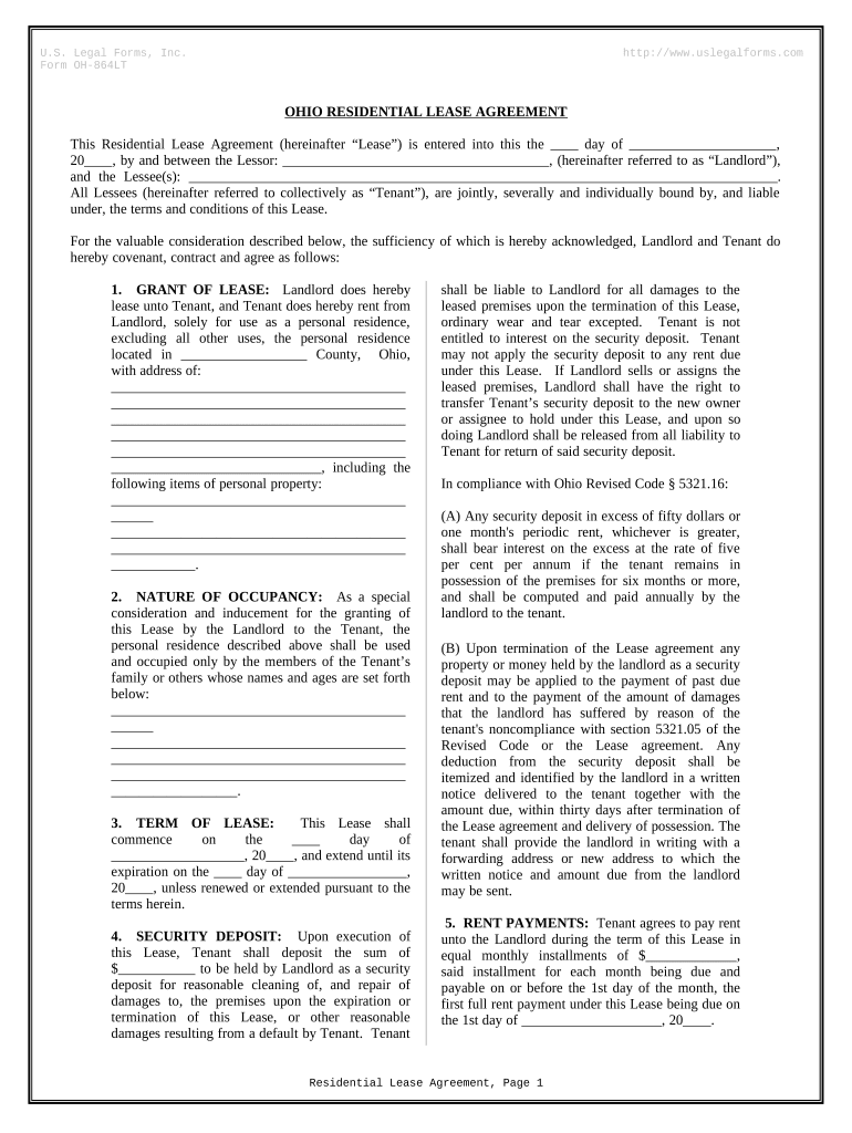 Residential Rental Lease Agreement Ohio  Form