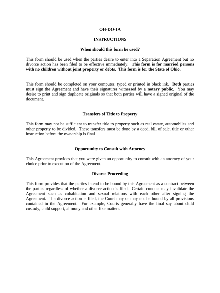 Marital Domestic Separation and Property Settlement Agreement for Persons with No Children, No Joint Property, or Debts Effectiv  Form