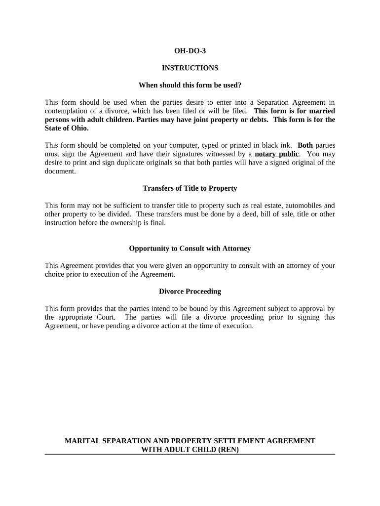 Marital Domestic Separation and Property Settlement Agreement Adult Children Parties May Have Joint Property or Debts Where Divo  Form