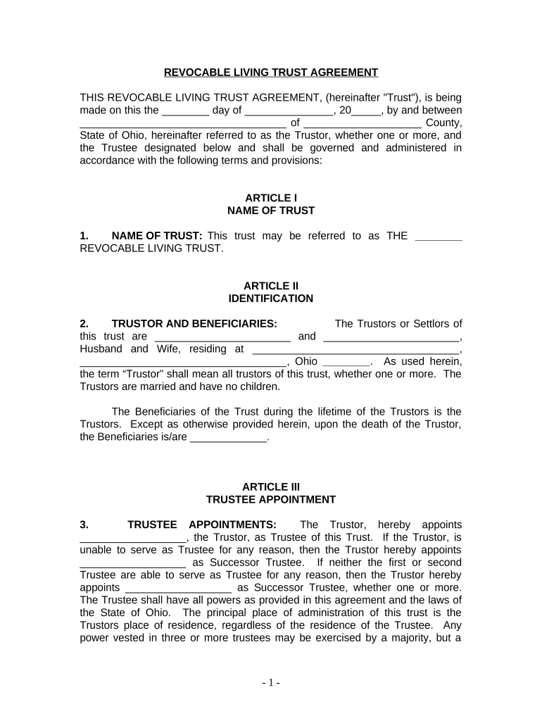 Living Trust for Husband and Wife with No Children Ohio  Form