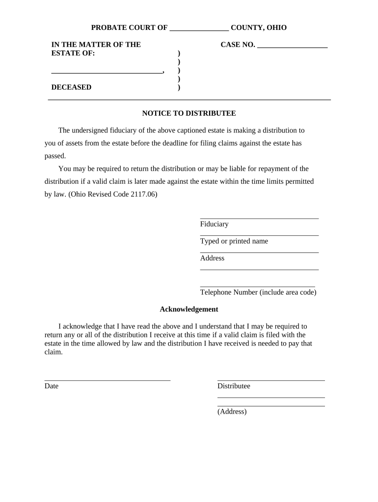 Notice to Distributee Ohio  Form
