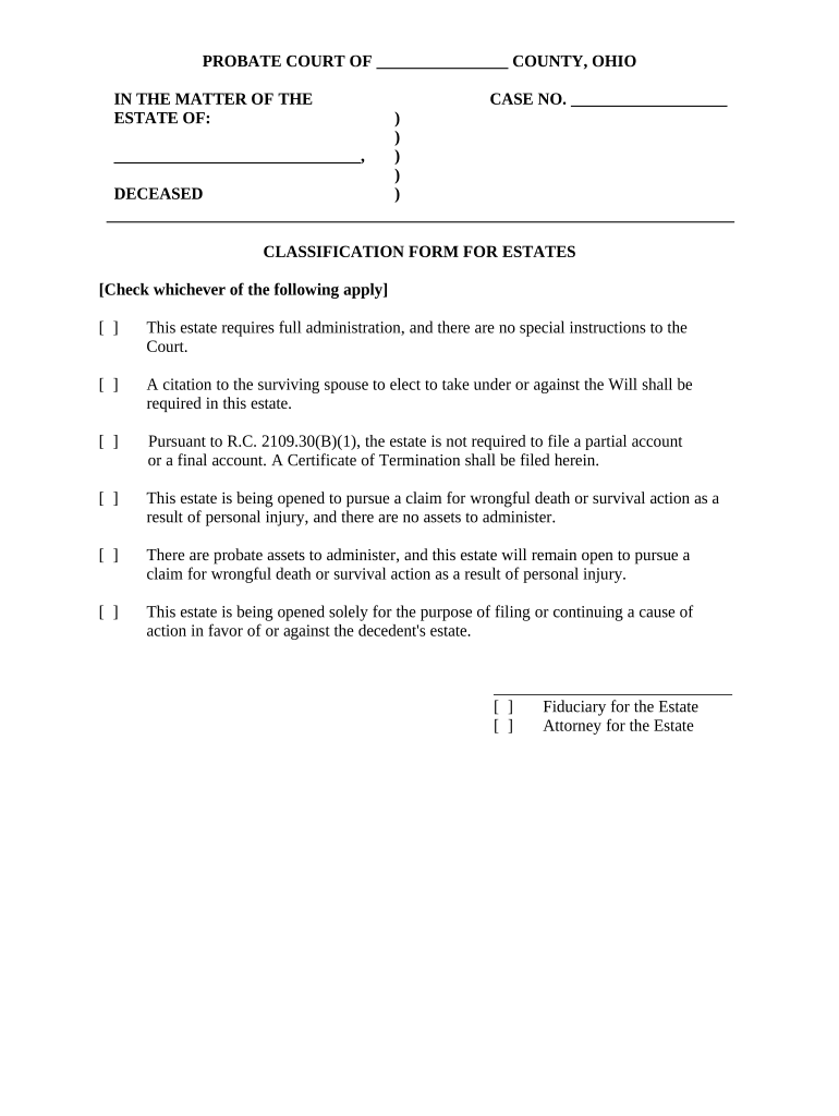 Classification Form for Estates Ohio