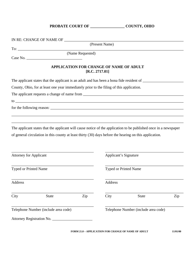 Application for Change of Name Ohio  Form