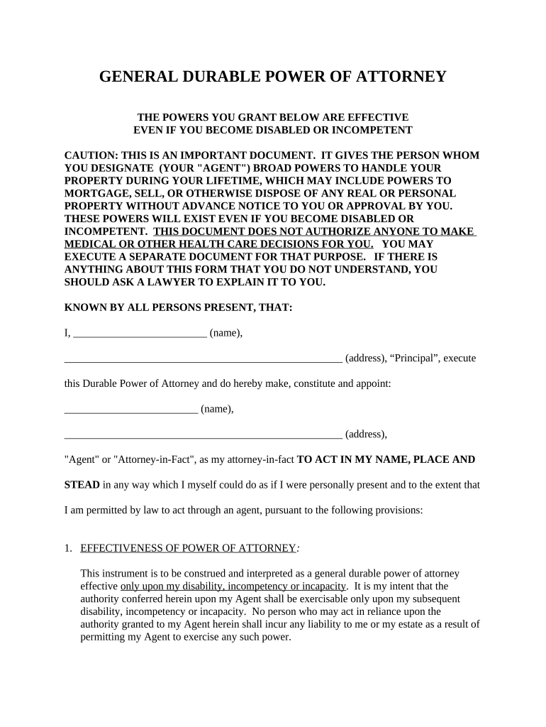 General Durable Power of Attorney for Property and Finances or Financial Effective Upon Disability Ohio  Form