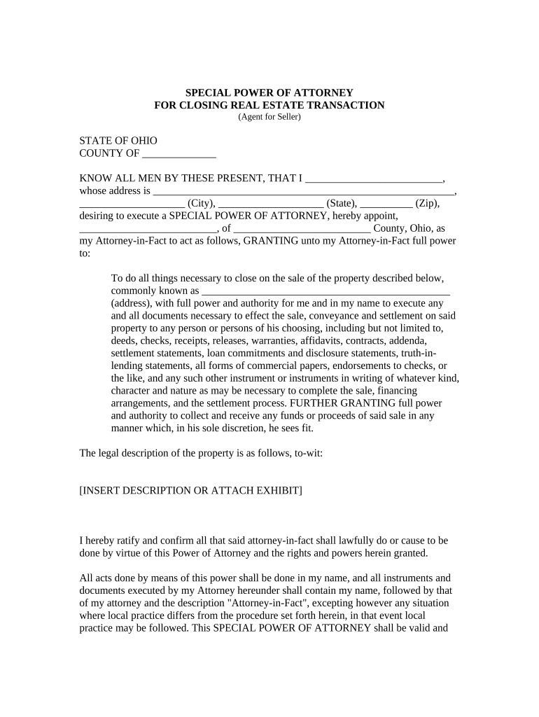 Special or Limited Power of Attorney for Real Estate Sales Transaction by Seller Ohio  Form