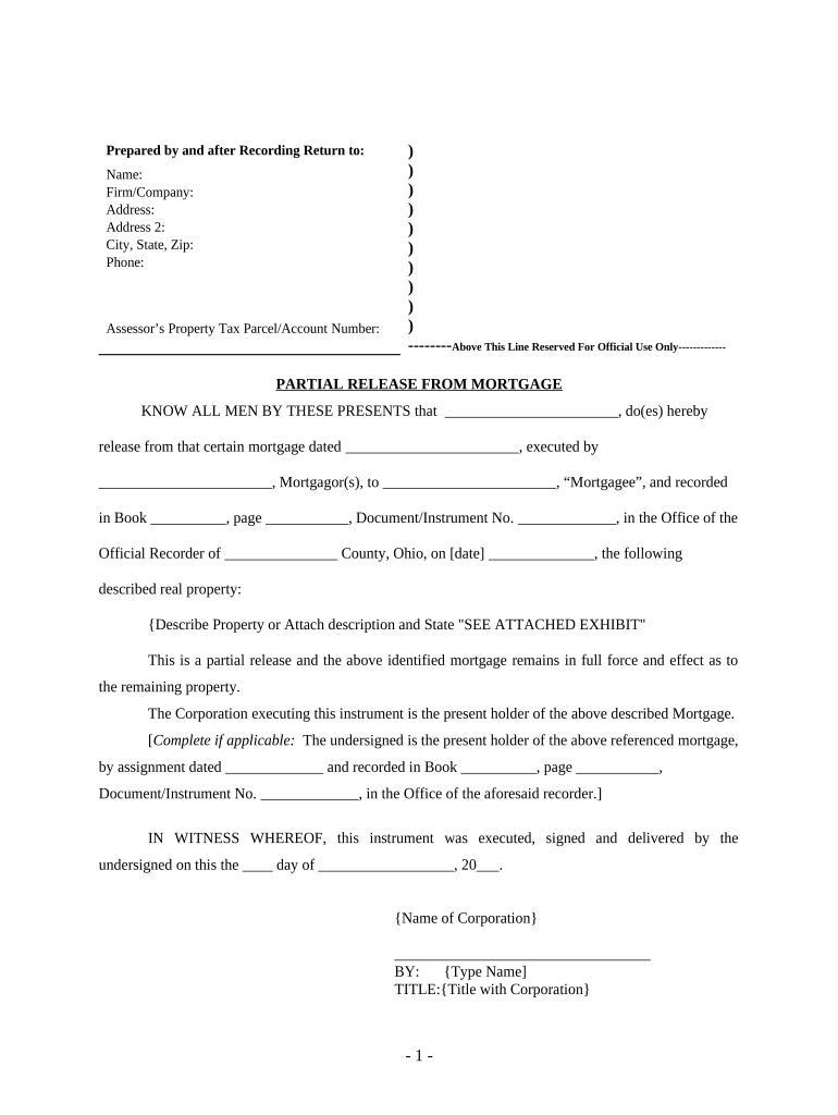 Partial Release of Property from Mortgage for Corporation Ohio  Form