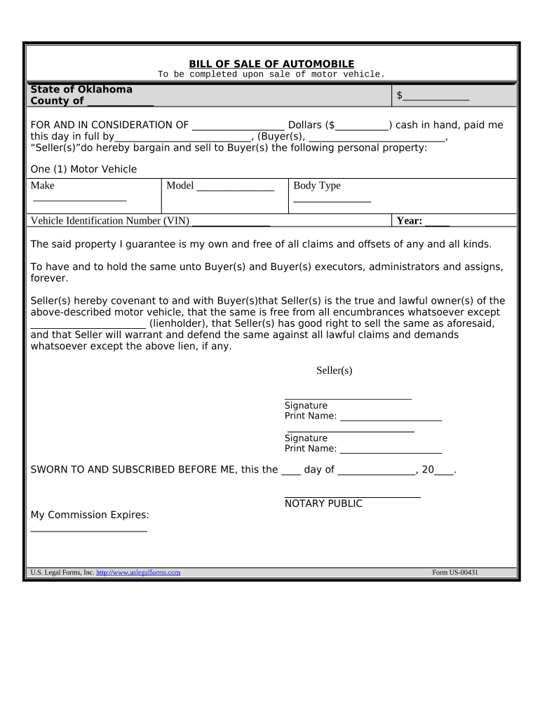 Bill of Sale of Automobile and Odometer Statement Oklahoma  Form