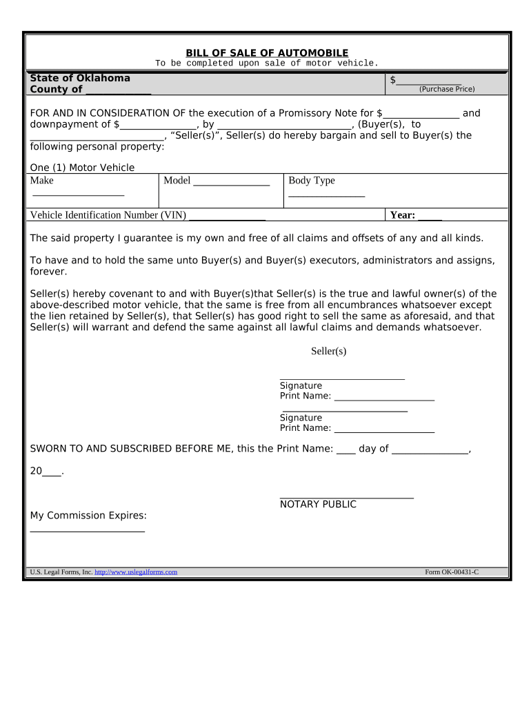 Bill of Sale for Automobile or Vehicle Including Odometer Statement and Promissory Note Oklahoma  Form