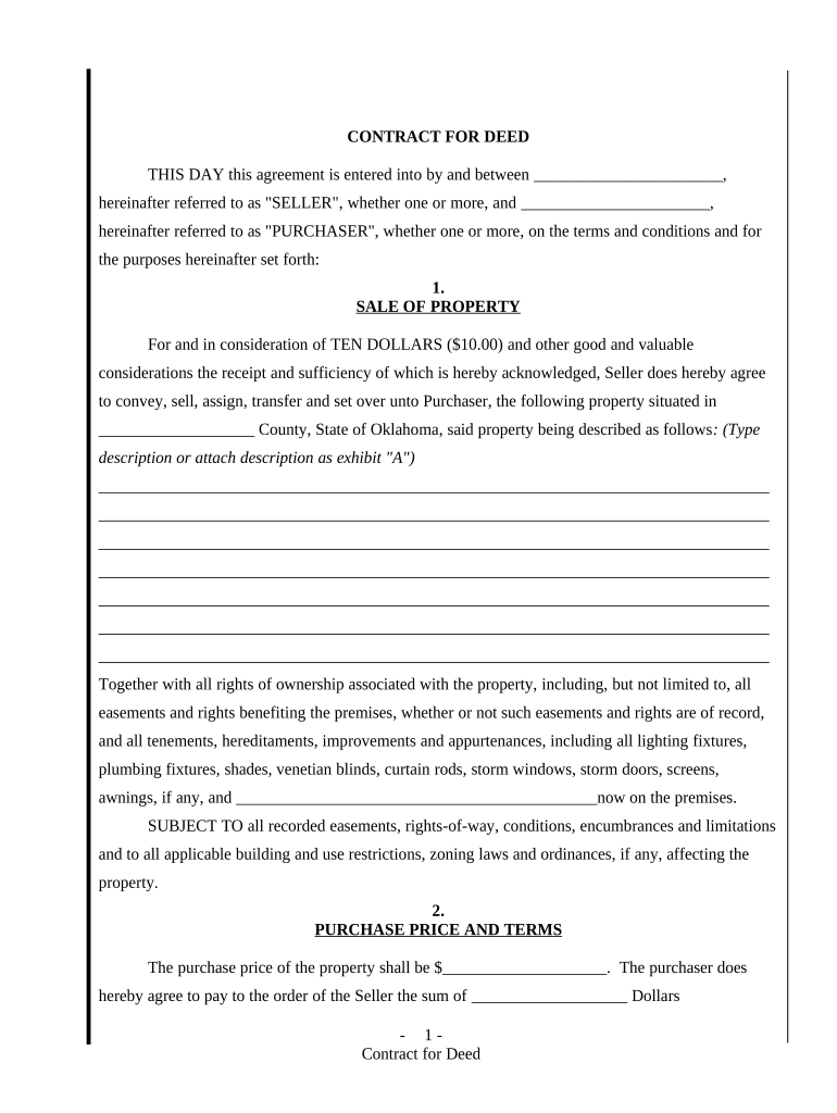 Agreement or Contract for Deed for Sale and Purchase of Real Estate Aka Land or Executory Contract Oklahoma  Form