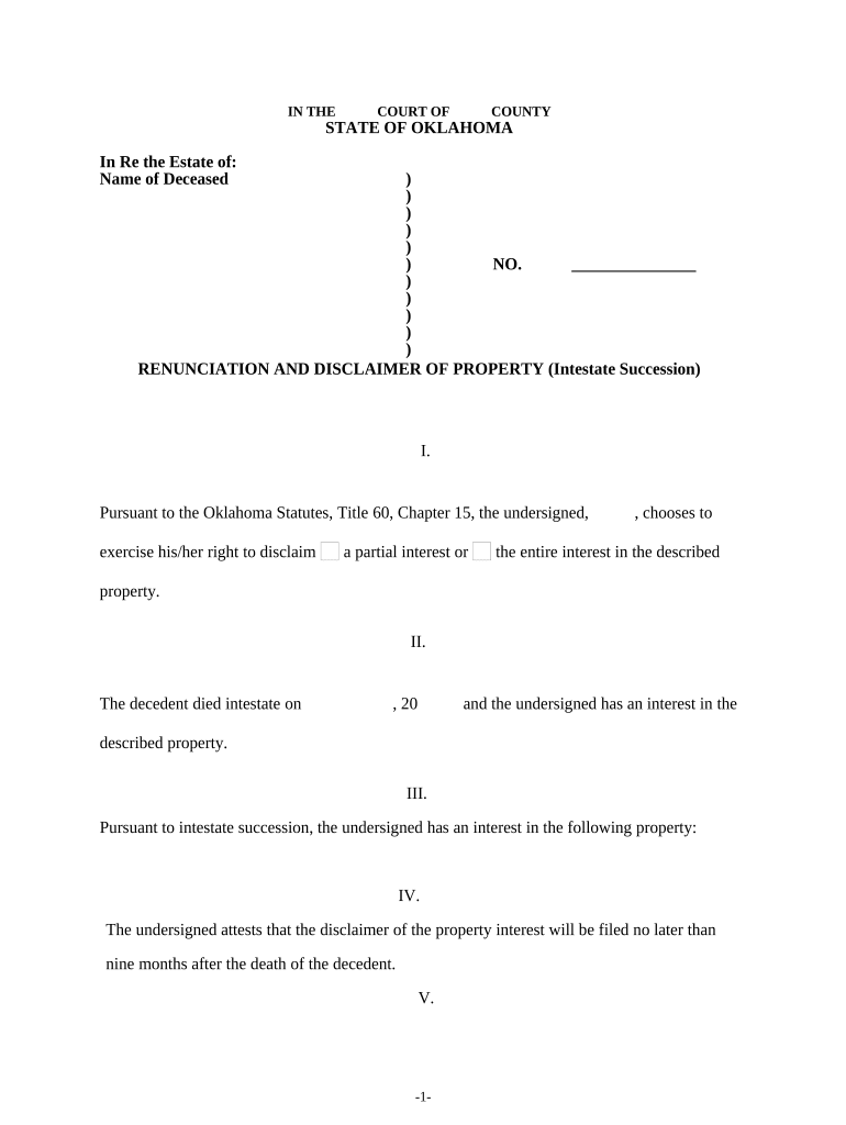 Renunciation and Disclaimer of Property Received by Intestate Succession Oklahoma  Form