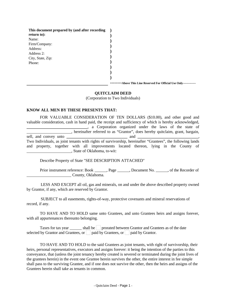 Quitclaim Deed from Corporation to Two Individuals Oklahoma  Form