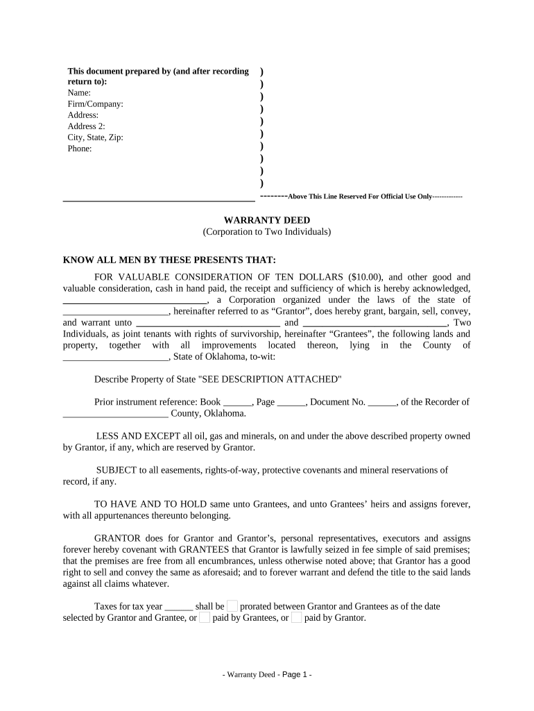 Warranty Deed from Corporation to Two Individuals Oklahoma  Form