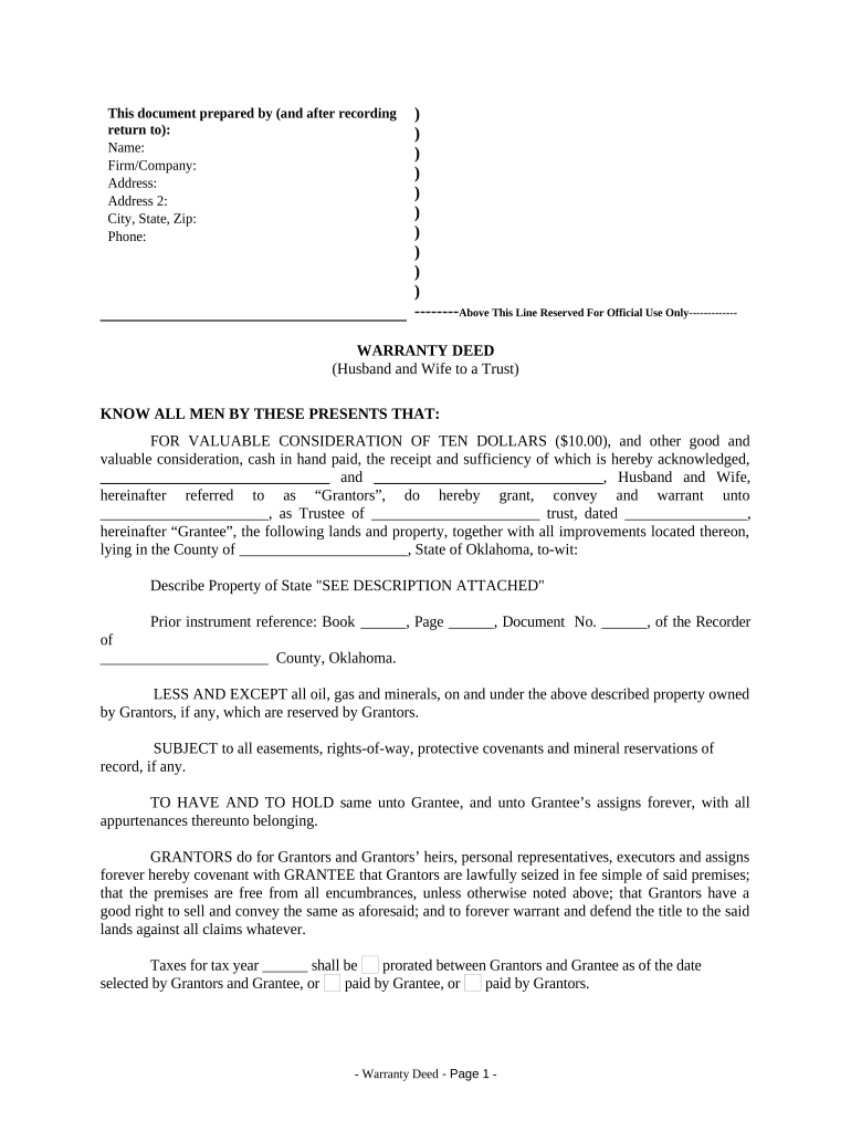 Warranty Deed from Husband and Wife to a Trust Oklahoma  Form