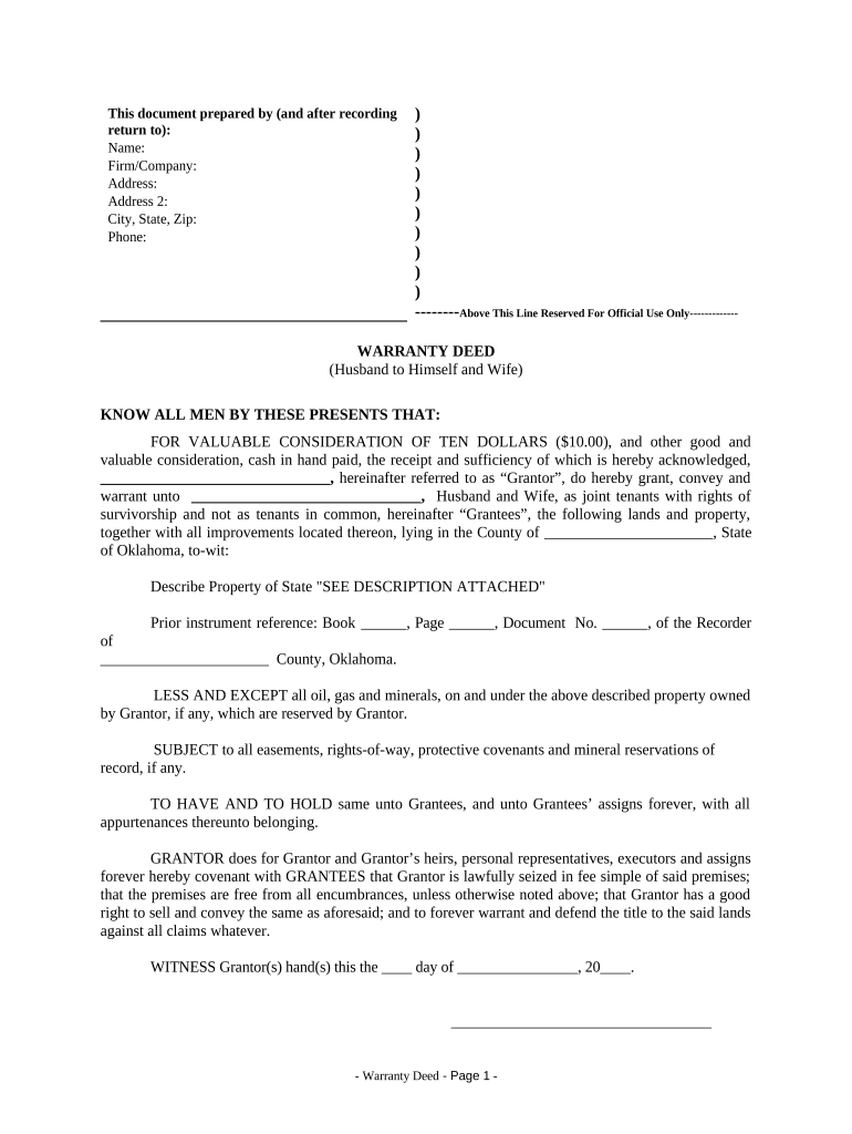 Warranty Deed from Husband to Himself and Wife Oklahoma  Form