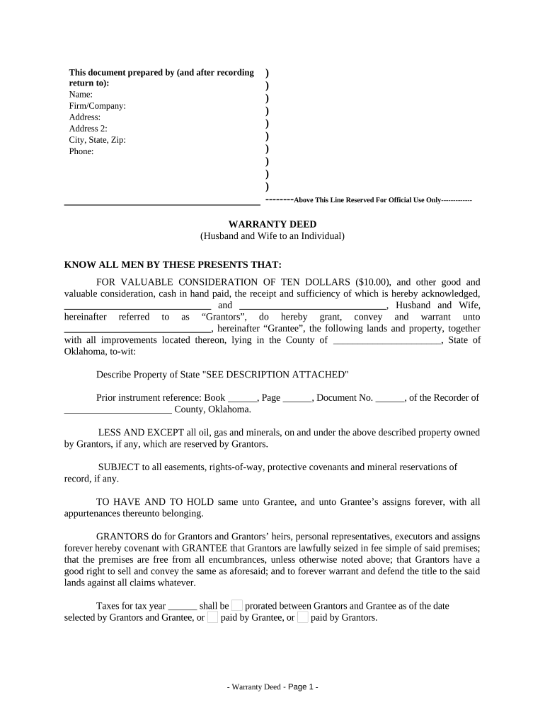 Warranty Deed from Husband and Wife to an Individual Oklahoma  Form