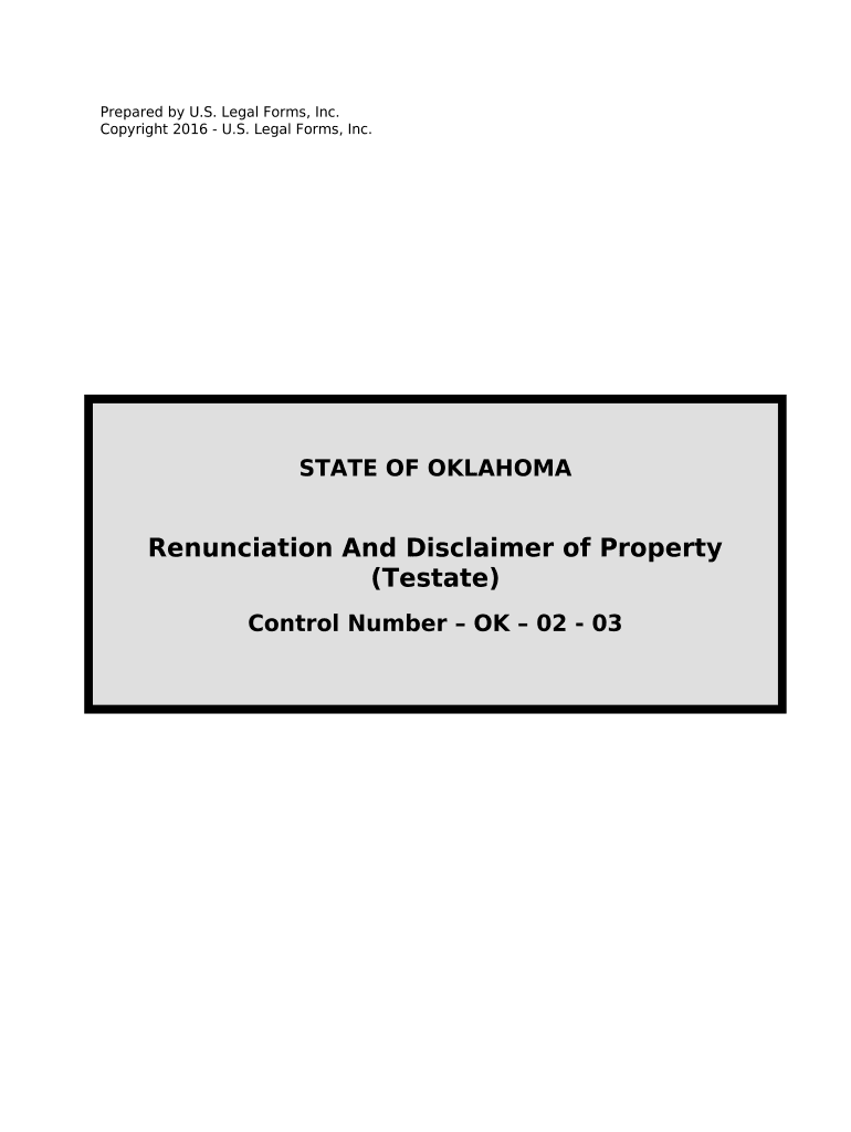 Renunciation and Disclaimer of Property from Will by Testate Oklahoma  Form