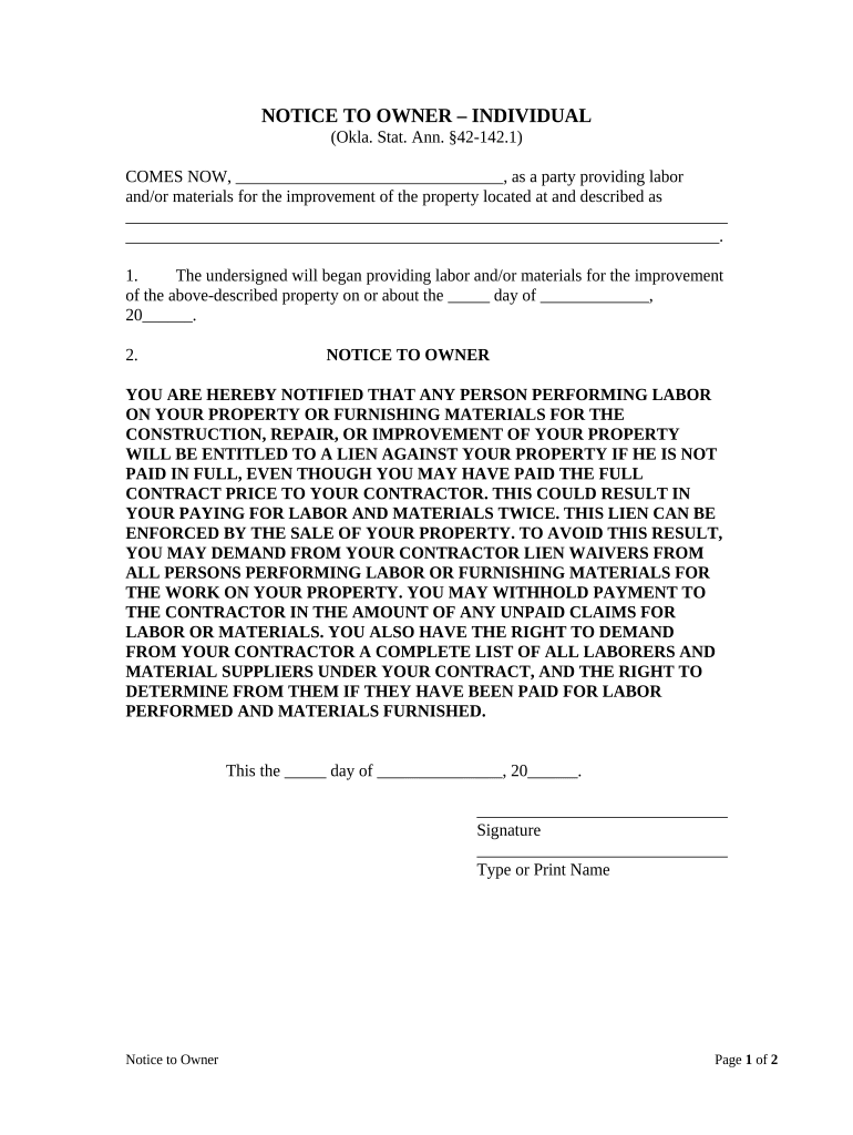 NOTICE to OWNER INDIVIDUAL  Form