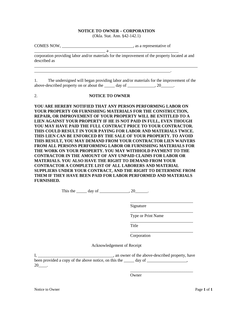 NOTICE to OWNER CORPORATION  Form
