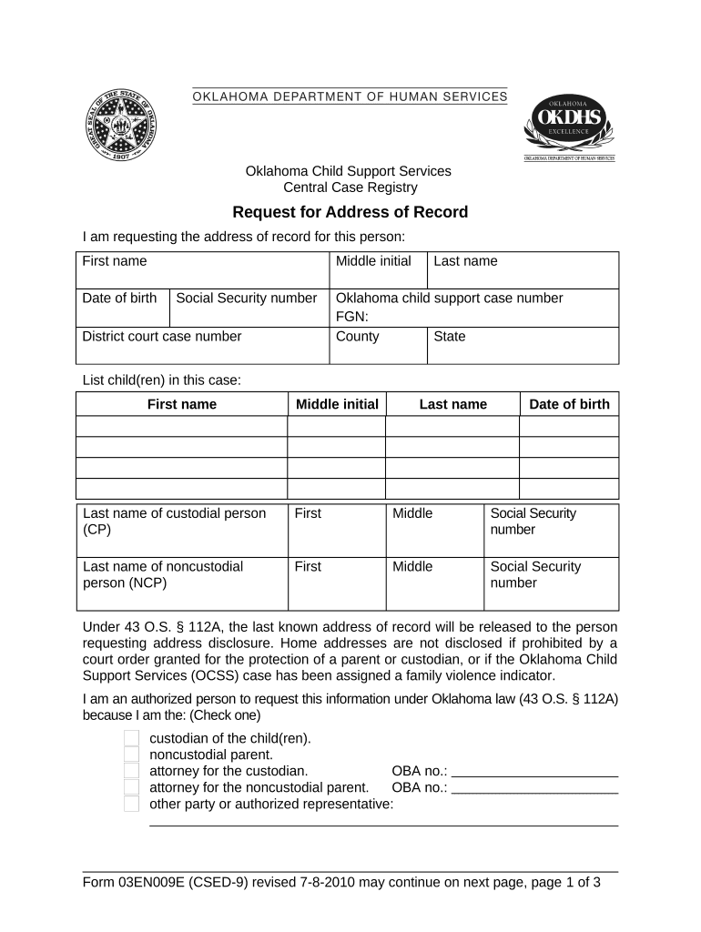 Request for Address of Record Oklahoma  Form