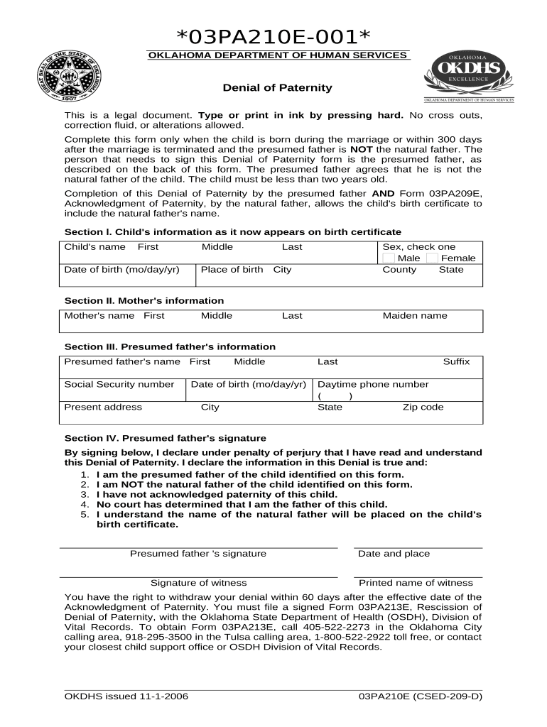 Oklahoma Denial Paternity  Form