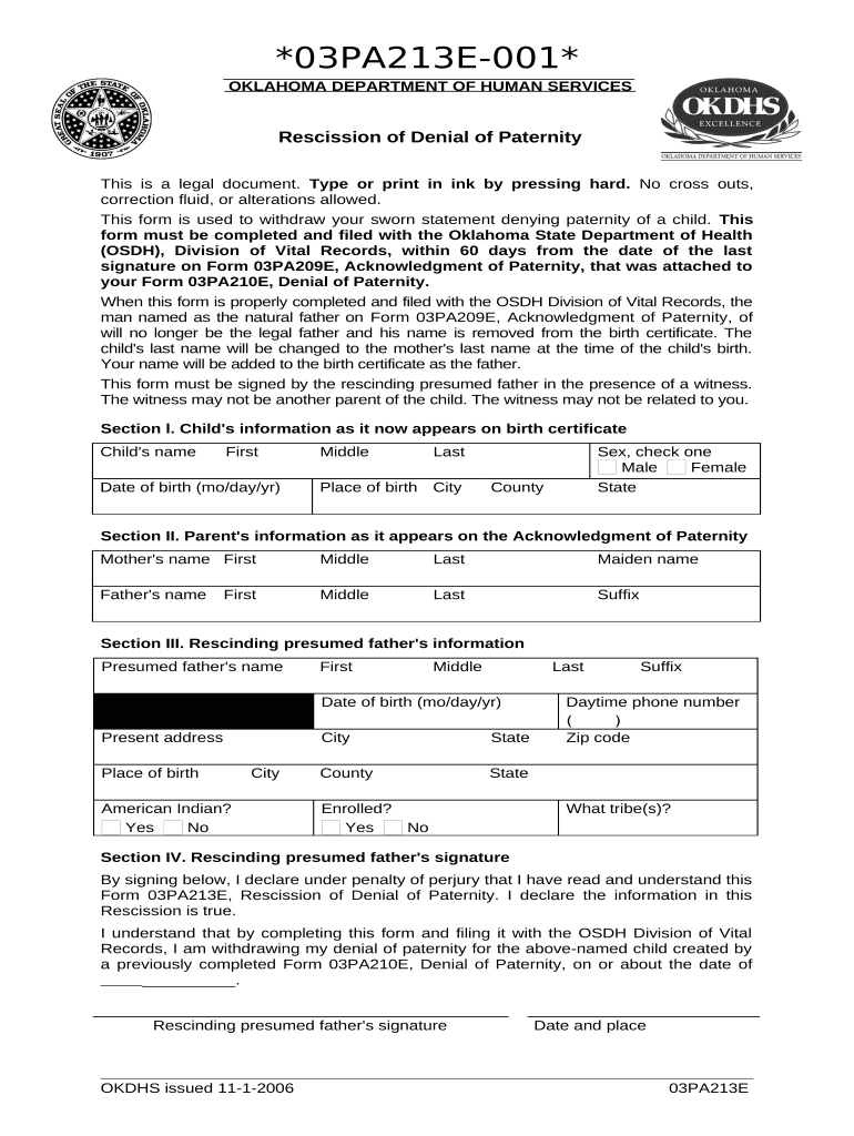 Oklahoma Denial Paternity  Form