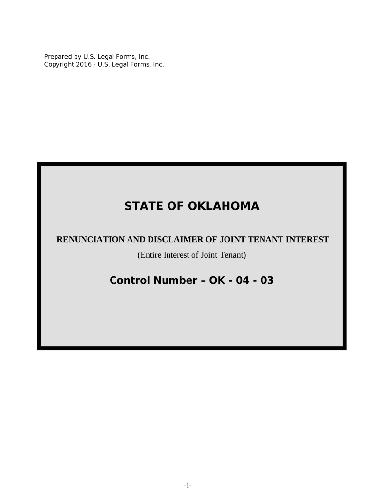Renunciation and Disclaimer of Joint Tenant or Tenancy Interest Oklahoma  Form