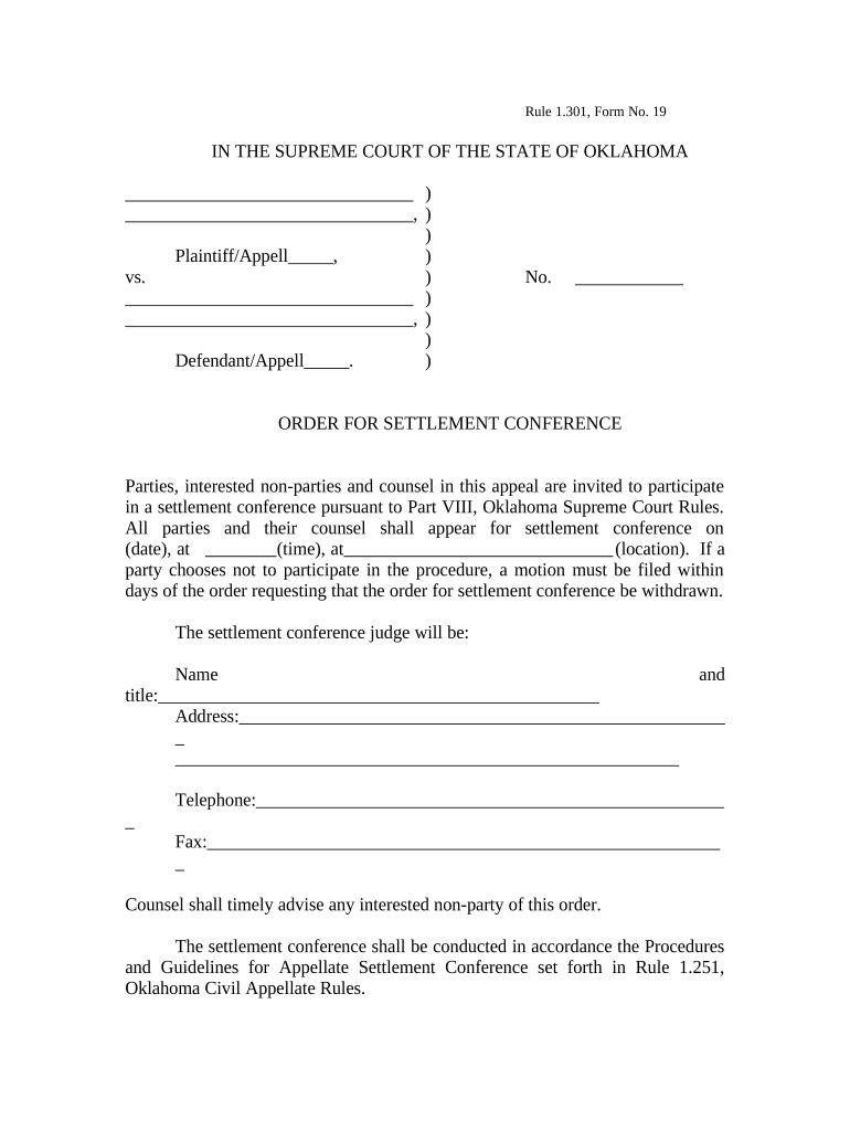 Order for Settlement Conference Oklahoma  Form