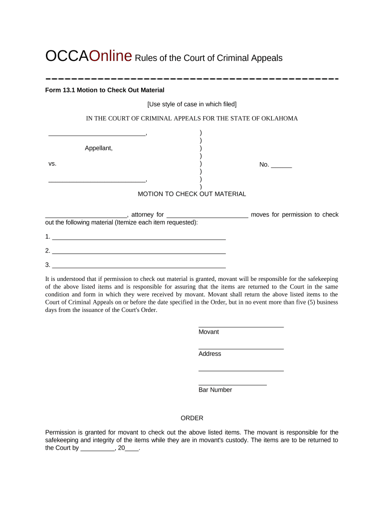 Form 13 1 Motion to Check Out Material Oklahoma