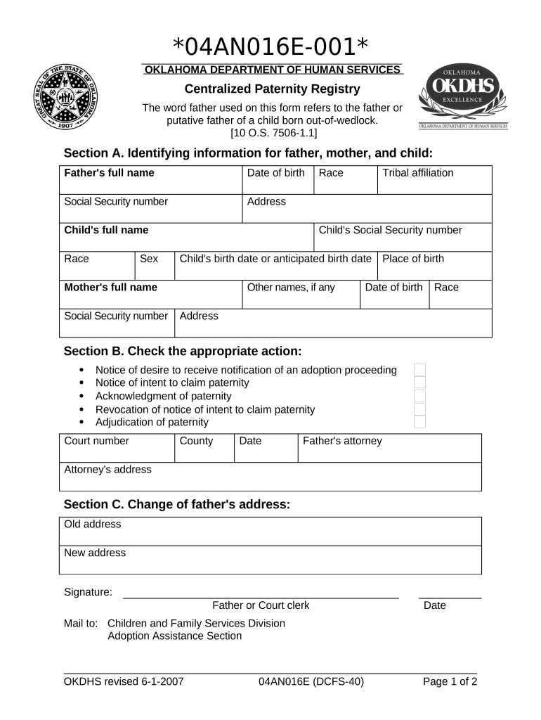 Oklahoma Paternity Registry  Form