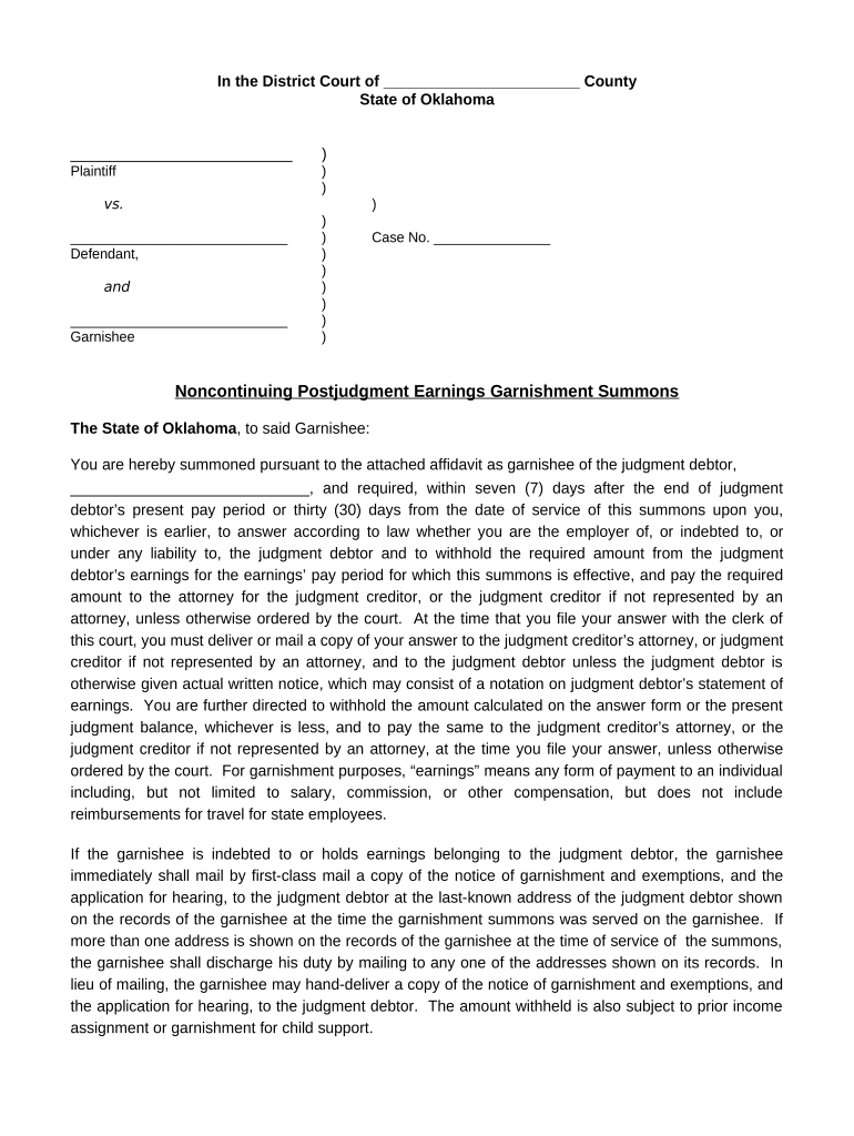 Noncontinuing Post Judgment Earnings Garnishment Summons Oklahoma  Form