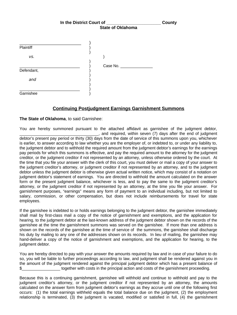 Oklahoma Garnishment  Form