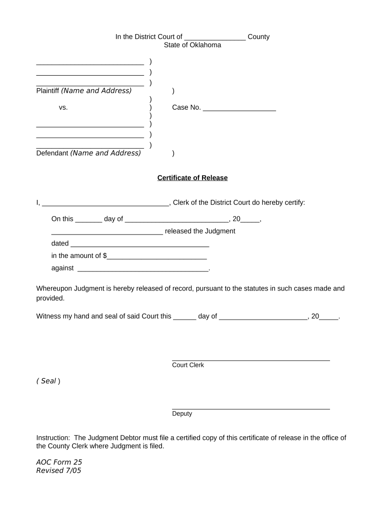 Certificate of Release Oklahoma  Form