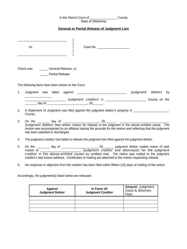 Oklahoma Release Lien  Form