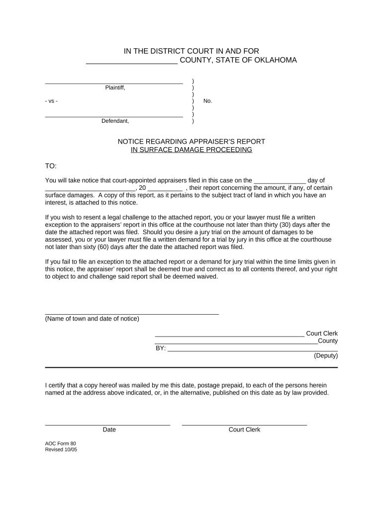 Notice Regarding Appraiser's Report in Surface Damage Proceeding Oklahoma  Form