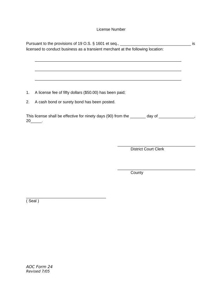 Transient Merchant 90 Day License Oklahoma  Form