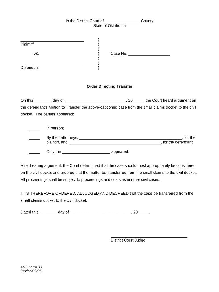 Order Directing Transfer Oklahoma  Form