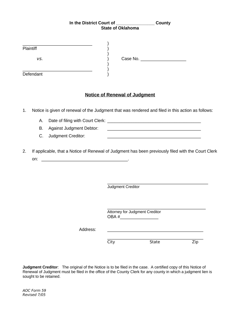 Oklahoma Notice Judgment  Form