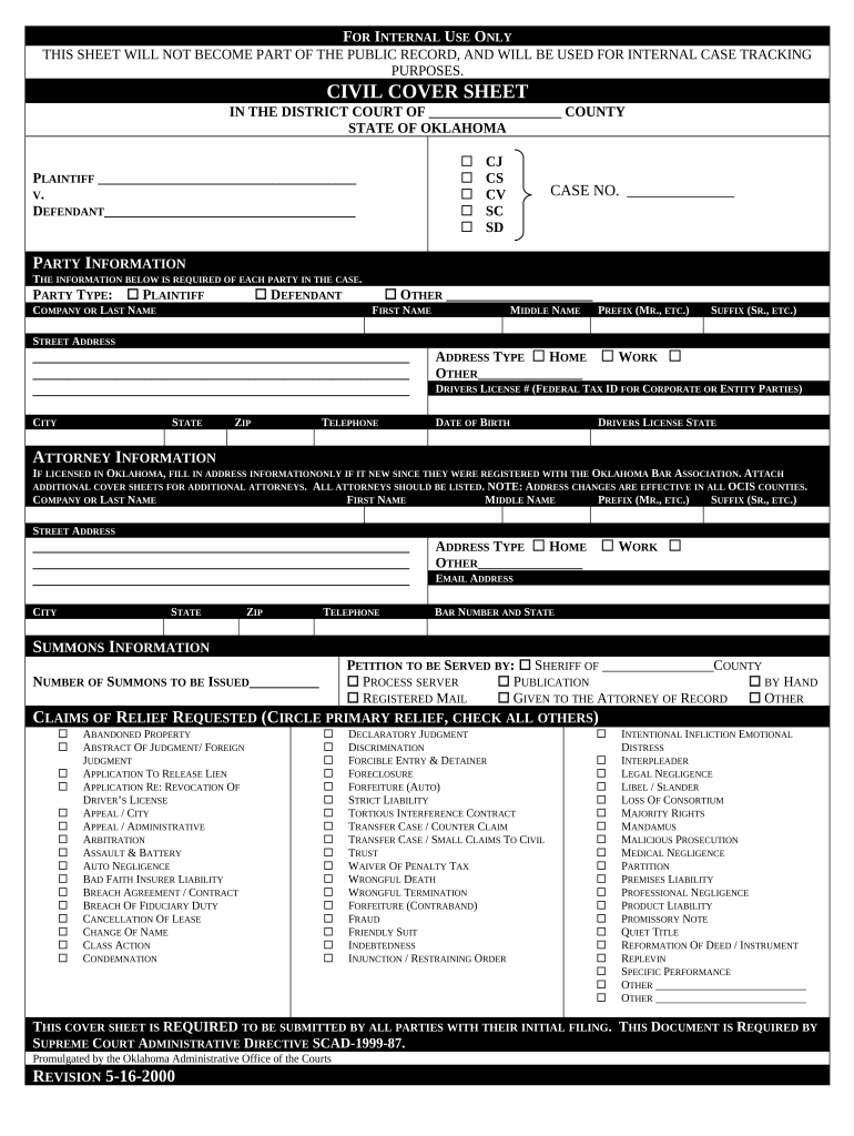 Civil Cover Sheet Oklahoma  Form