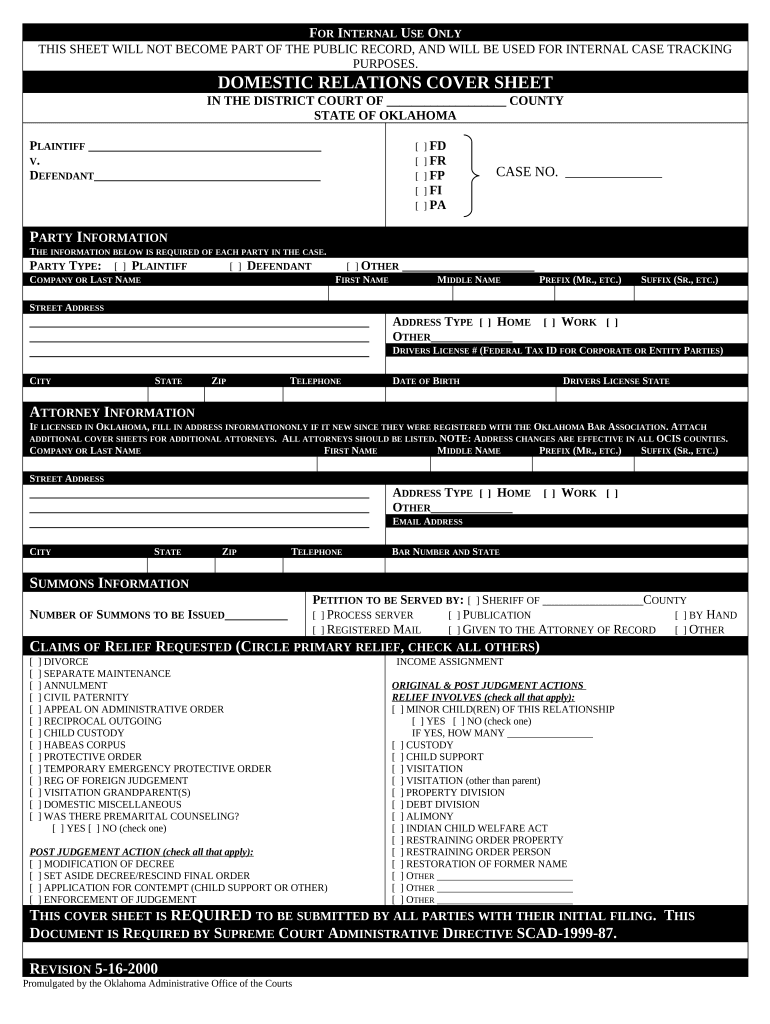 Oklahoma Domestic Cover Sheet  Form