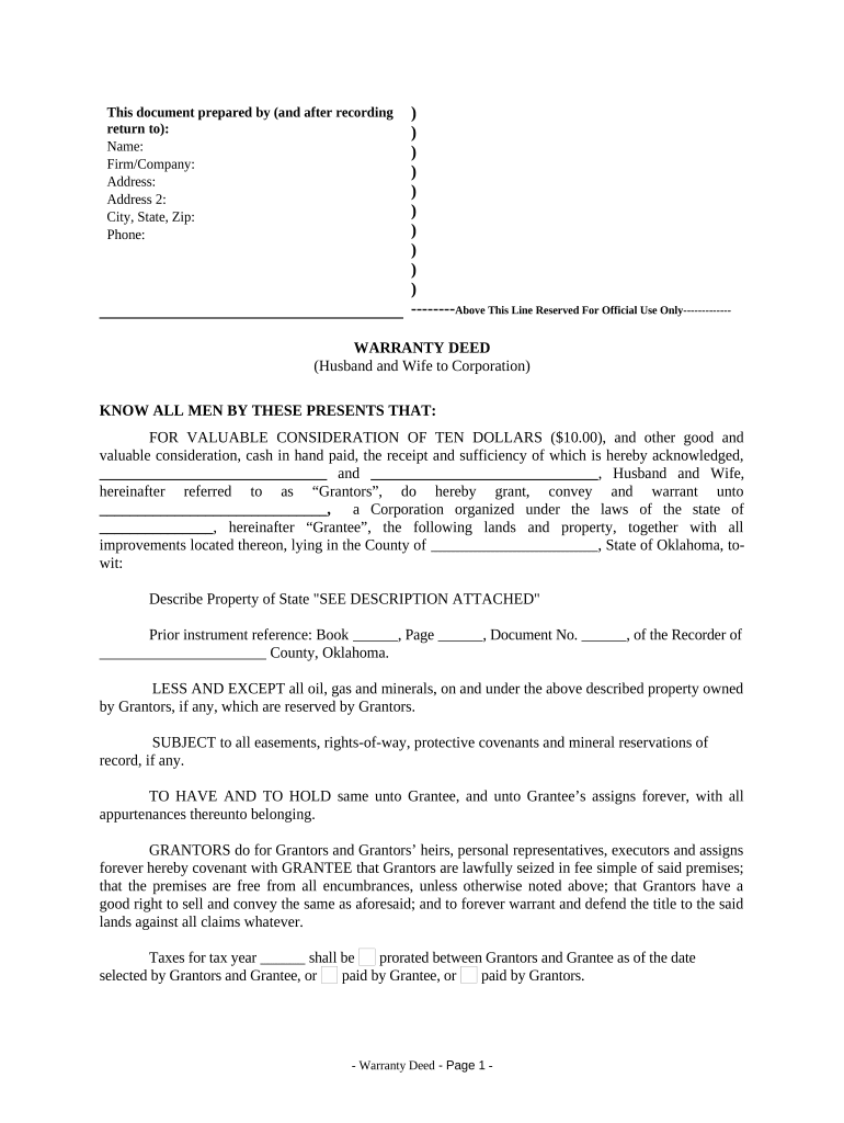 Warranty Deed from Husband and Wife to Corporation Oklahoma  Form