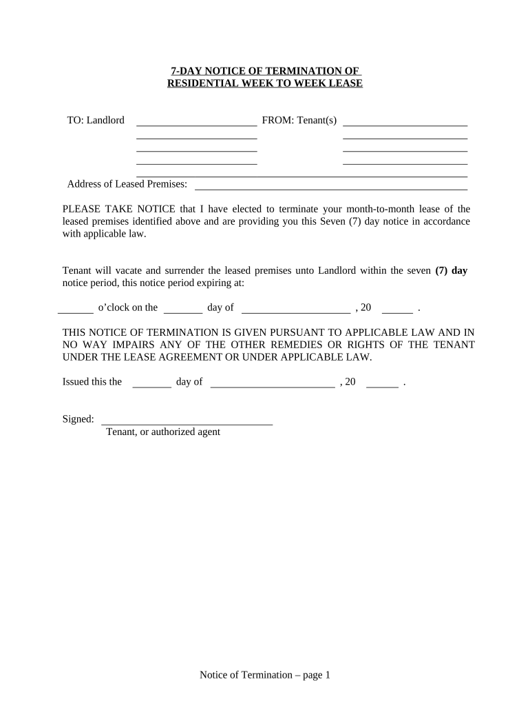 7 Day Notice to Terminate Week to Week Lease Residential from Tenant to Landlord Oklahoma  Form
