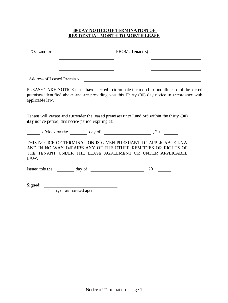 30 Day Notice to Terminate Month to Month Lease for Residential from Tenant to Landlord Oklahoma  Form