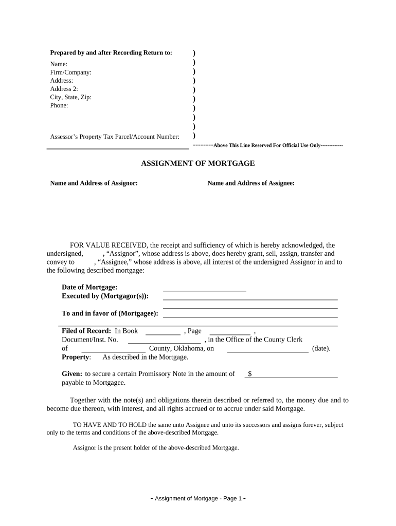 Assignment of Mortgage by Individual Mortgage Holder Oklahoma  Form