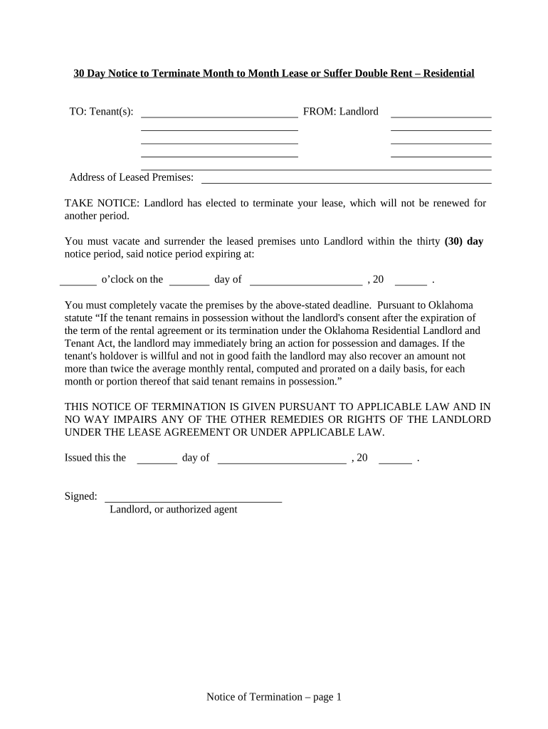 Oklahoma 30 Day Notice  Form