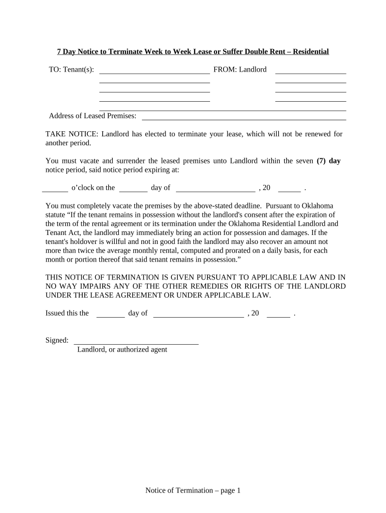 7 Day Notice to Terminate Week to Week Lease or Suffer Double Rent Residential Oklahoma  Form