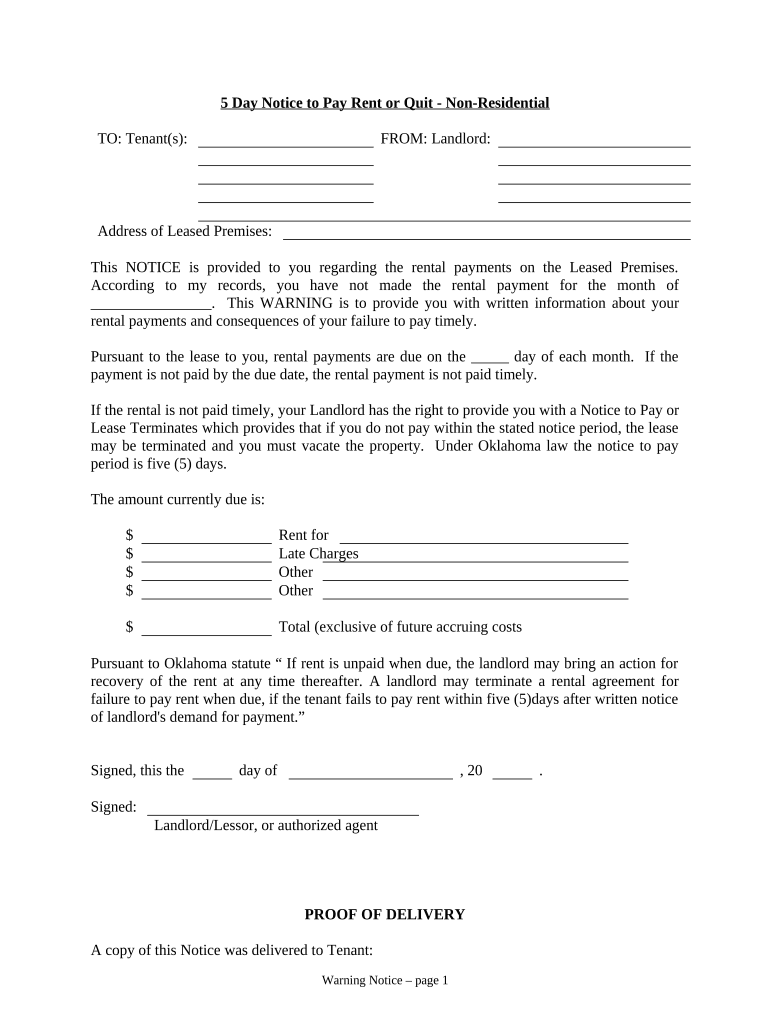 Oklahoma Rent Eviction  Form