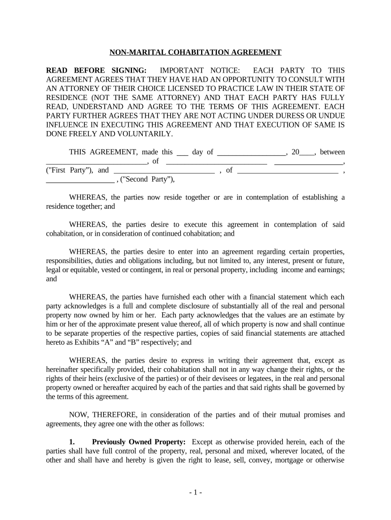 Non Marital Cohabitation Living Together Agreement Oklahoma  Form