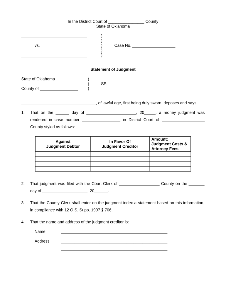 Oklahoma Statement Judgment  Form