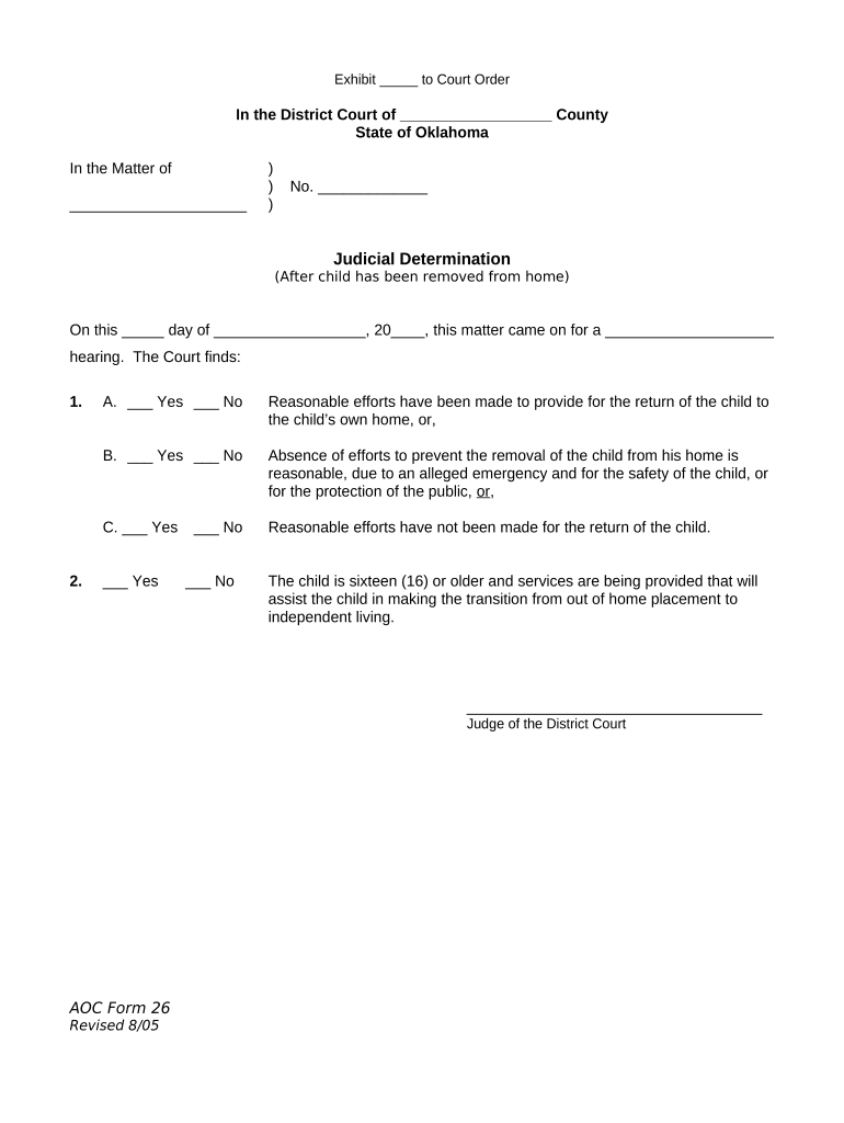 Judicial Determination After Child is Removed from Home Oklahoma  Form